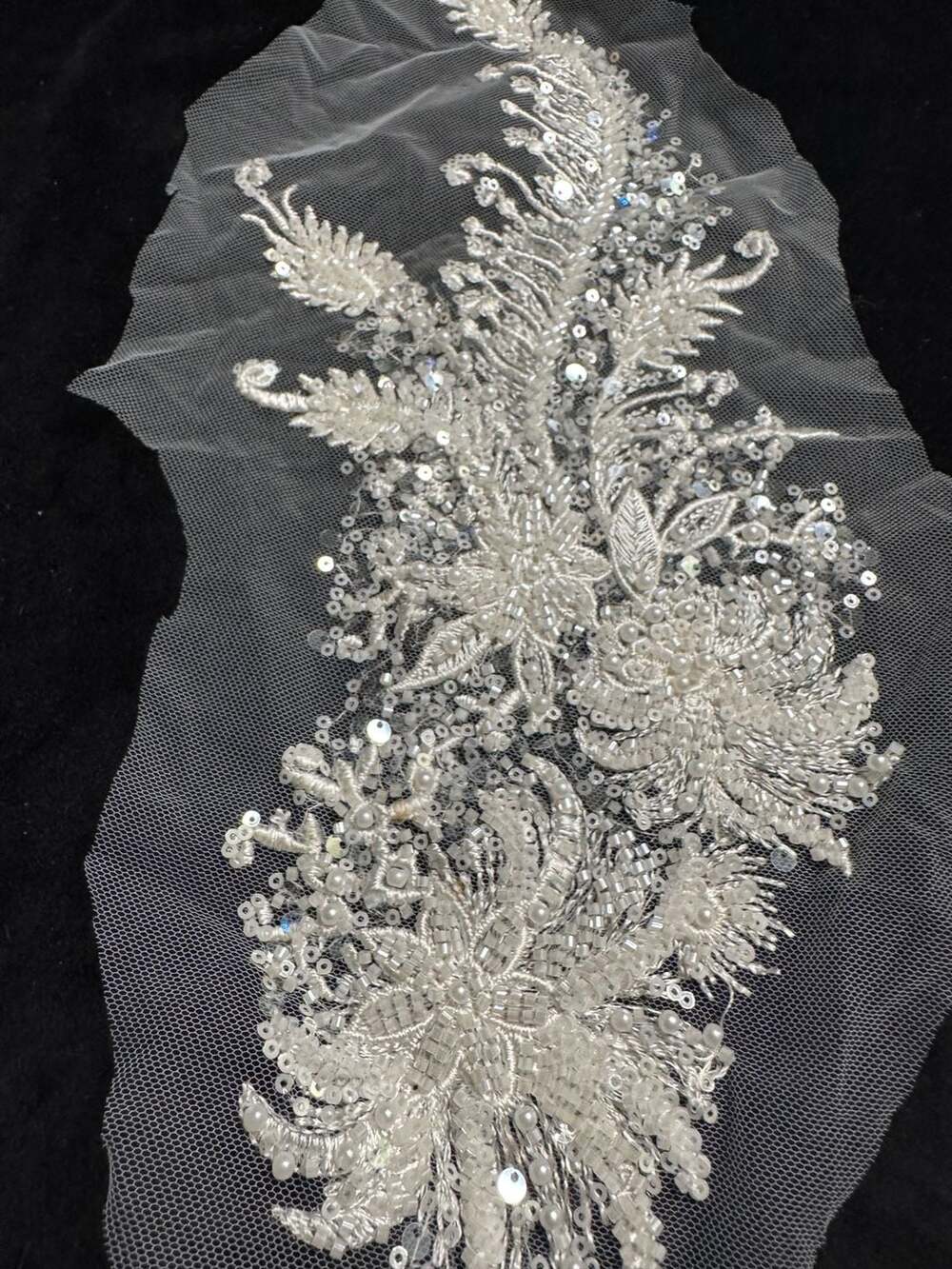 Off-White Floral Bead and Sequin Embroidered Bridal Lace Applique Patch